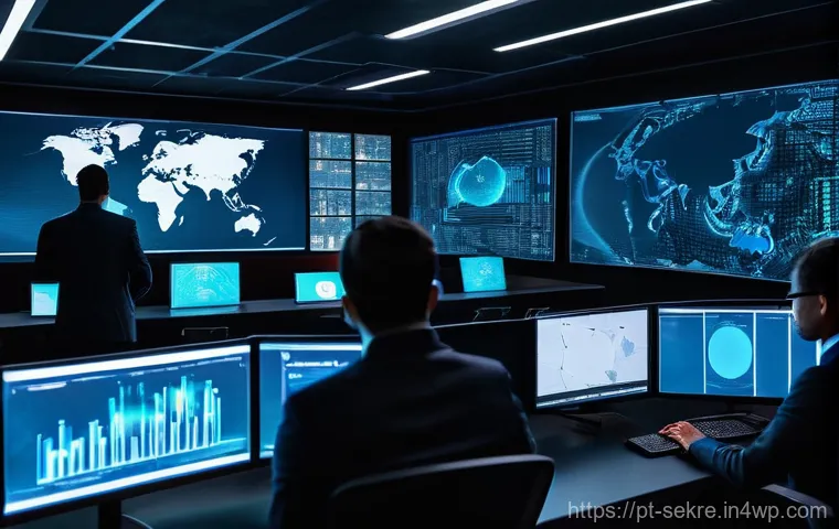 사이버보안 인시던트 대응 시나리오 작성법 - **Prompt:** A futuristic, high-tech cybersecurity operations center. In the foreground, a diverse te...