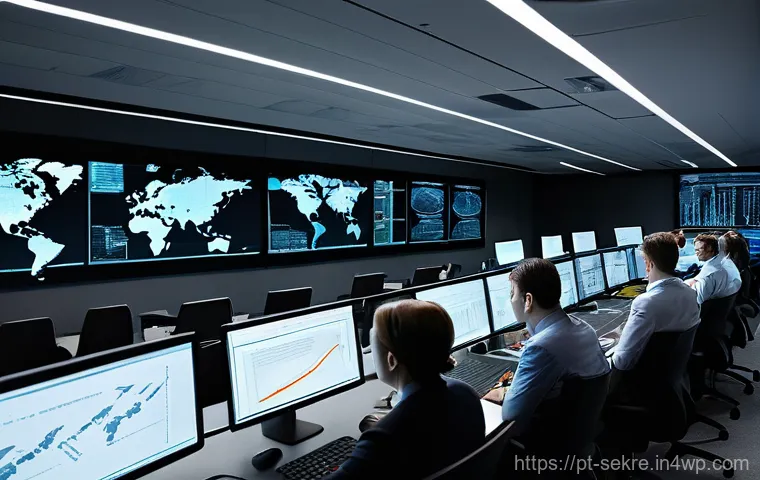 사이버보안 인시던트 대응 시나리오 작성법 - **Prompt:** A futuristic, high-tech cybersecurity operations center. In the foreground, a diverse te...