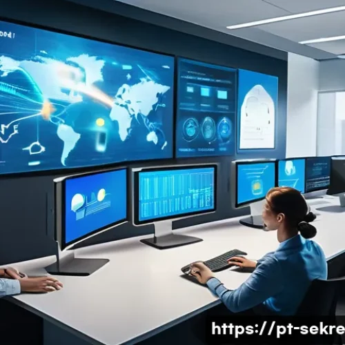 Home 33 사이버 위협 대응을 위한 클라우드 보안 전략 - A modern corporate office setting showing diverse IT professionals collaborating on cloud security s...