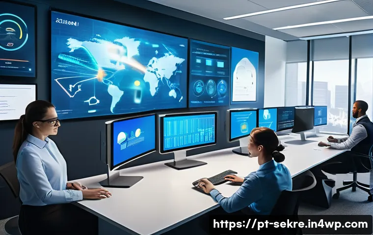 사이버 위협 대응을 위한 클라우드 보안 전략 - A modern corporate office setting showing diverse IT professionals collaborating on cloud security s...