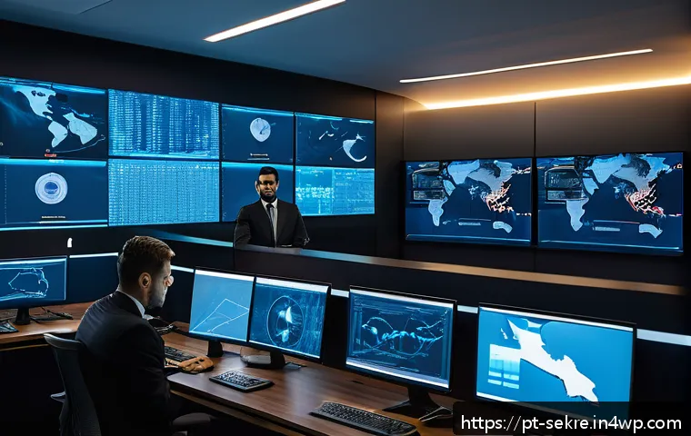 사이버 공격 발생 후 초기 대응 절차 - A modern corporate cybersecurity operations center with diverse IT professionals monitoring multiple...