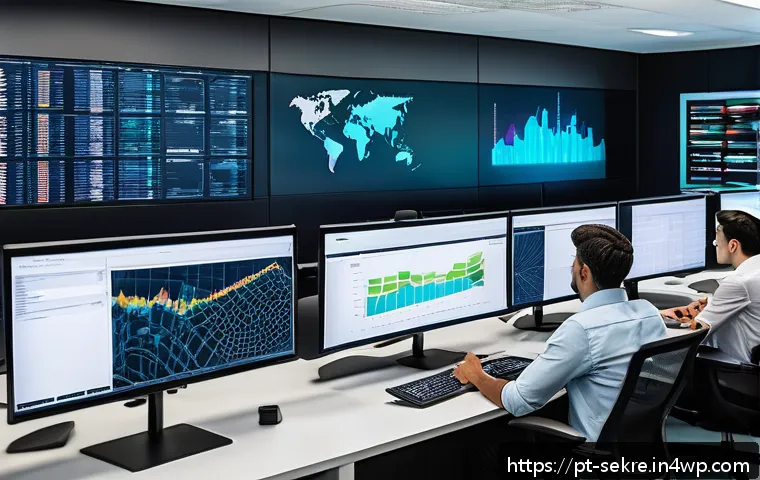 사이버보안 인시던트 로그 분석 방법 - A detailed, high-tech cybersecurity operations center with diverse professionals analyzing multiple ...