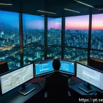 Home 23 사이버보안에서의 머신러닝 활용 사례 - A futuristic cybersecurity operations center in São Paulo, Brazil, with diverse professionals analyz...